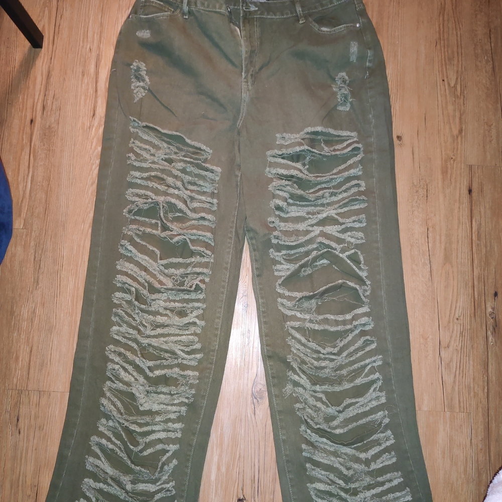 Fashion Nova Olive Distressed Straight Leg Jeans
